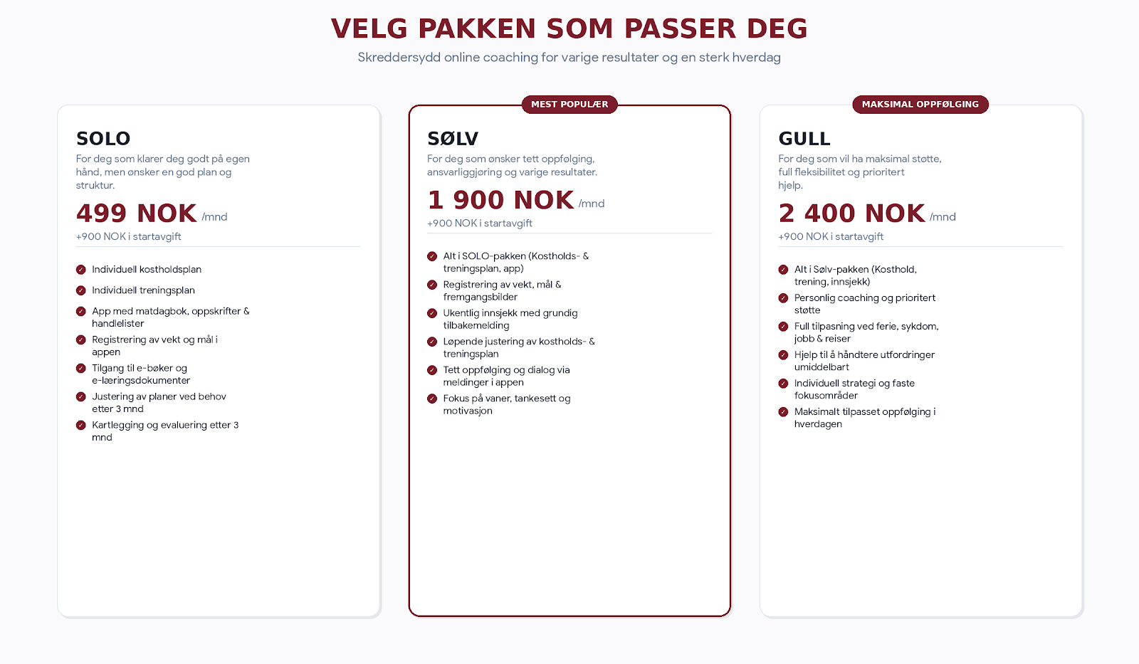 Overview of his different coach packages
