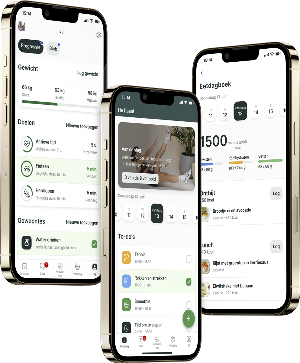Een mockup van de coaching app die de functies laat zien.