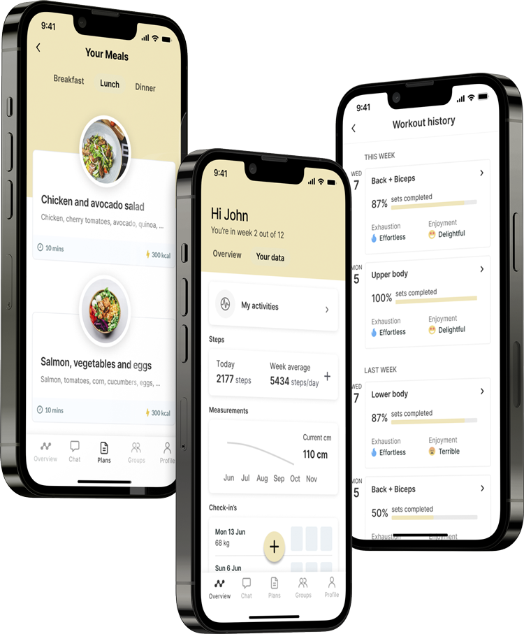 Een mockup van de coaching app die de functies laat zien.