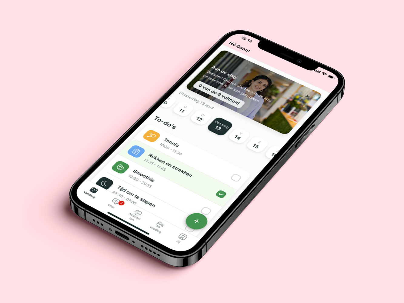 Een mockup van de coaching app die de functies laat zien.