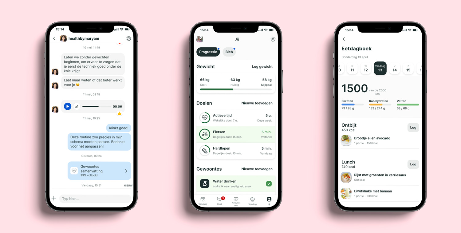 Een mockup van de coaching app die de verschillende functies laat zien.