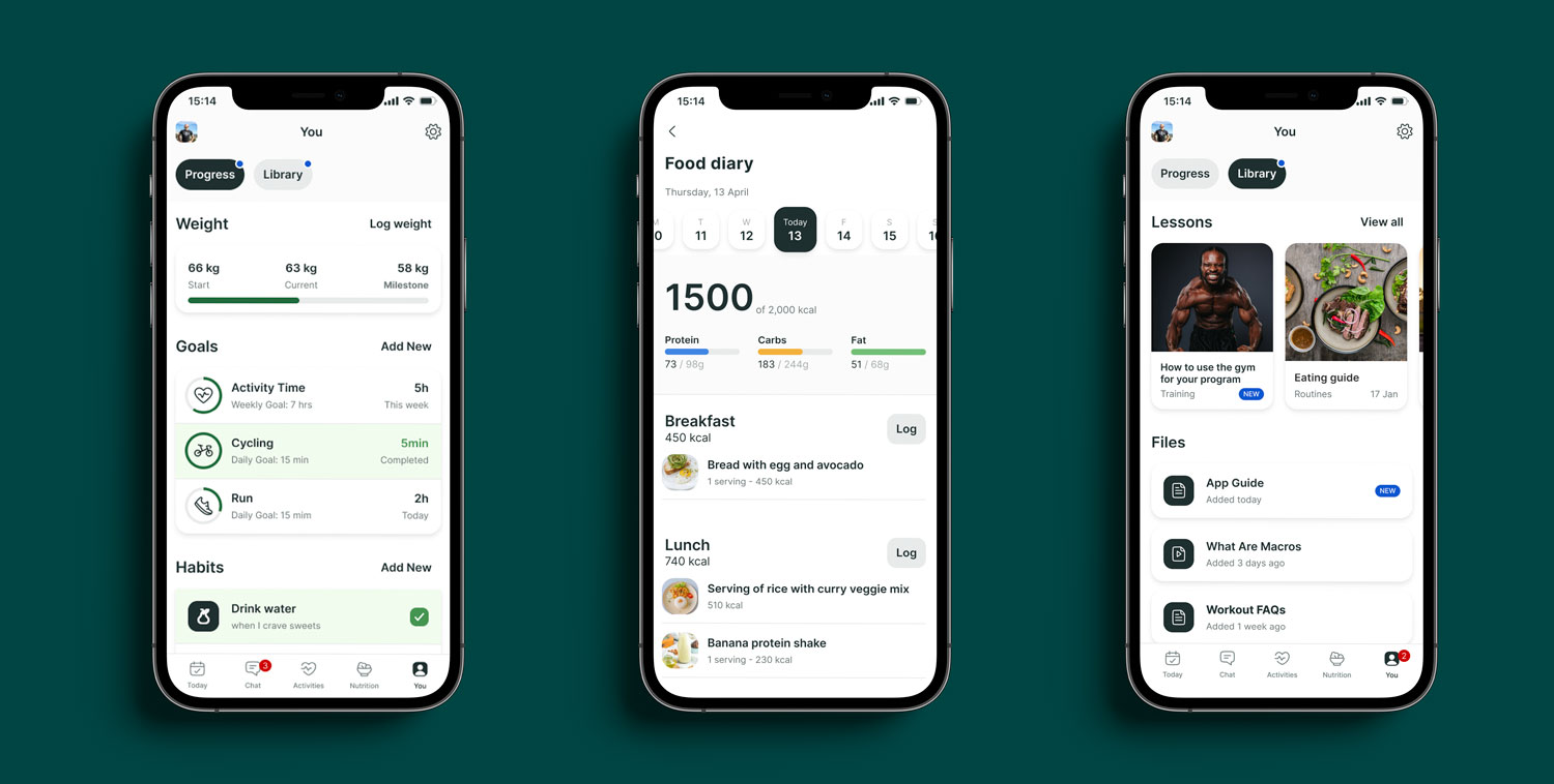 A mockup of the coaching app showcasing the different features.