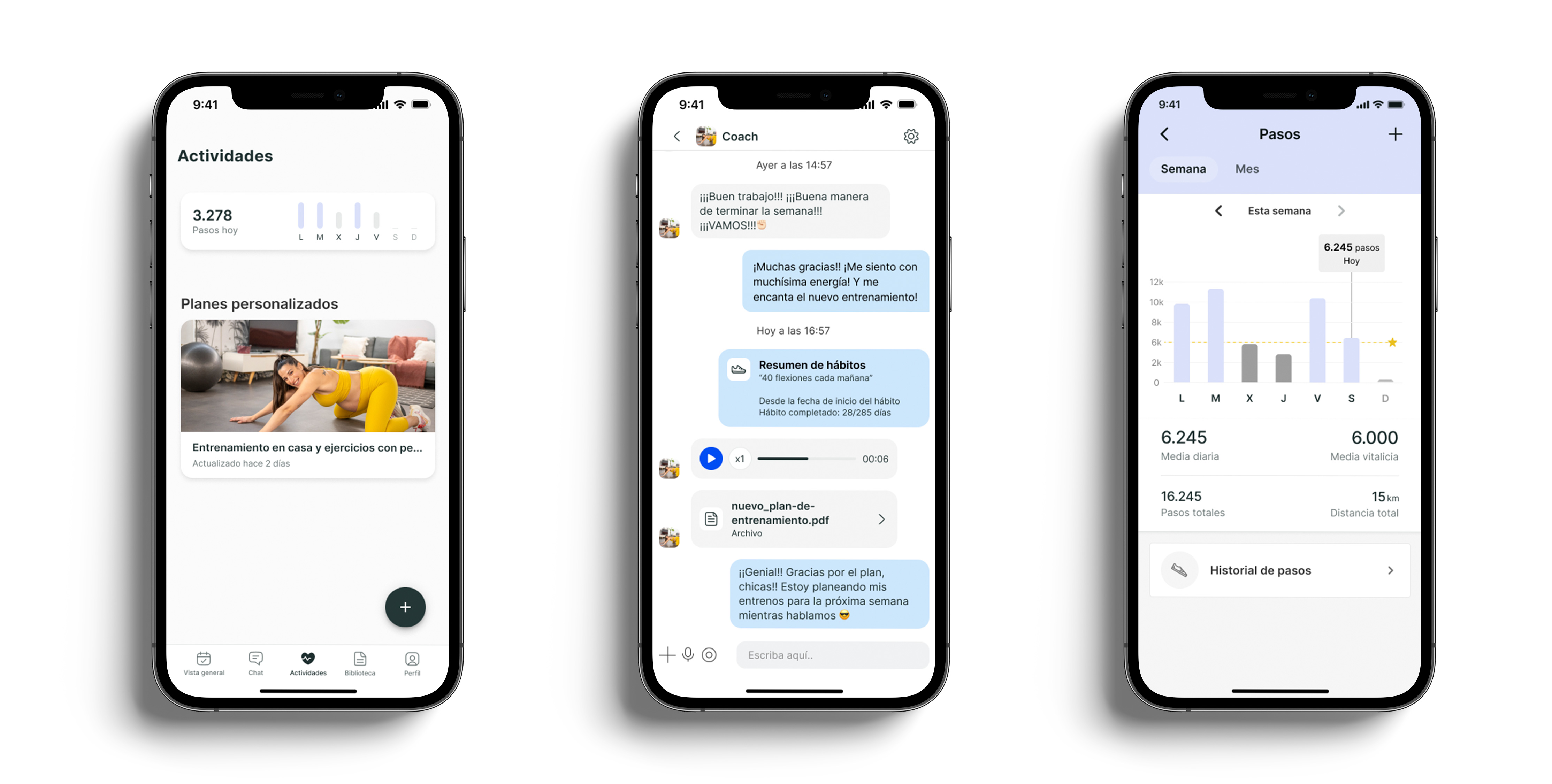 Un mockup de la app de coaching mostrando las funciones.