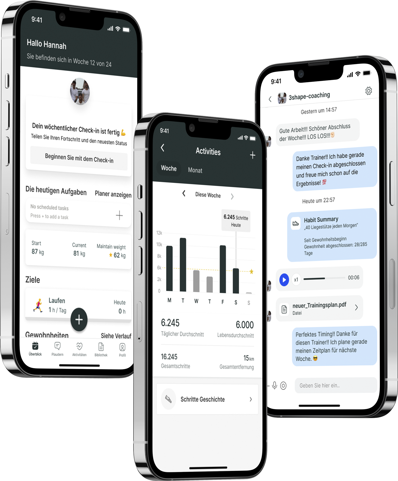 Ein Mockup der Coaching-App, das die Funktionen zeigt.