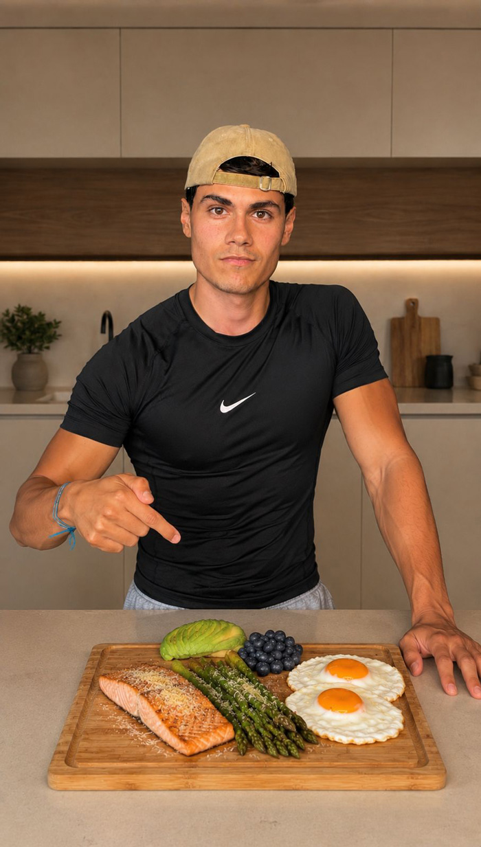 El entrenador señala una comida de salmón, espárragos, huevos, aguacate y arándanos.
