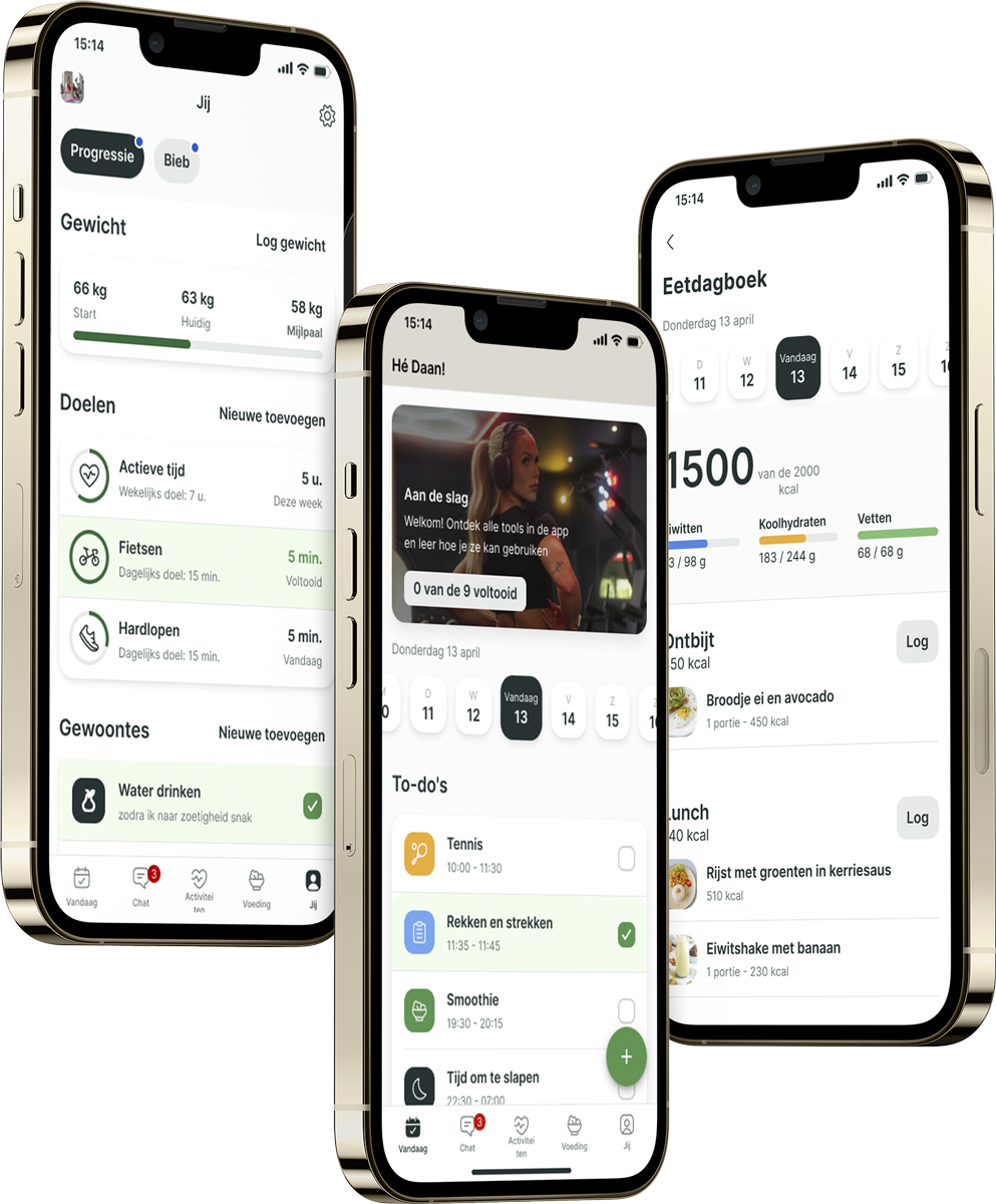Een mockup van de coaching app die de functies laat zien.