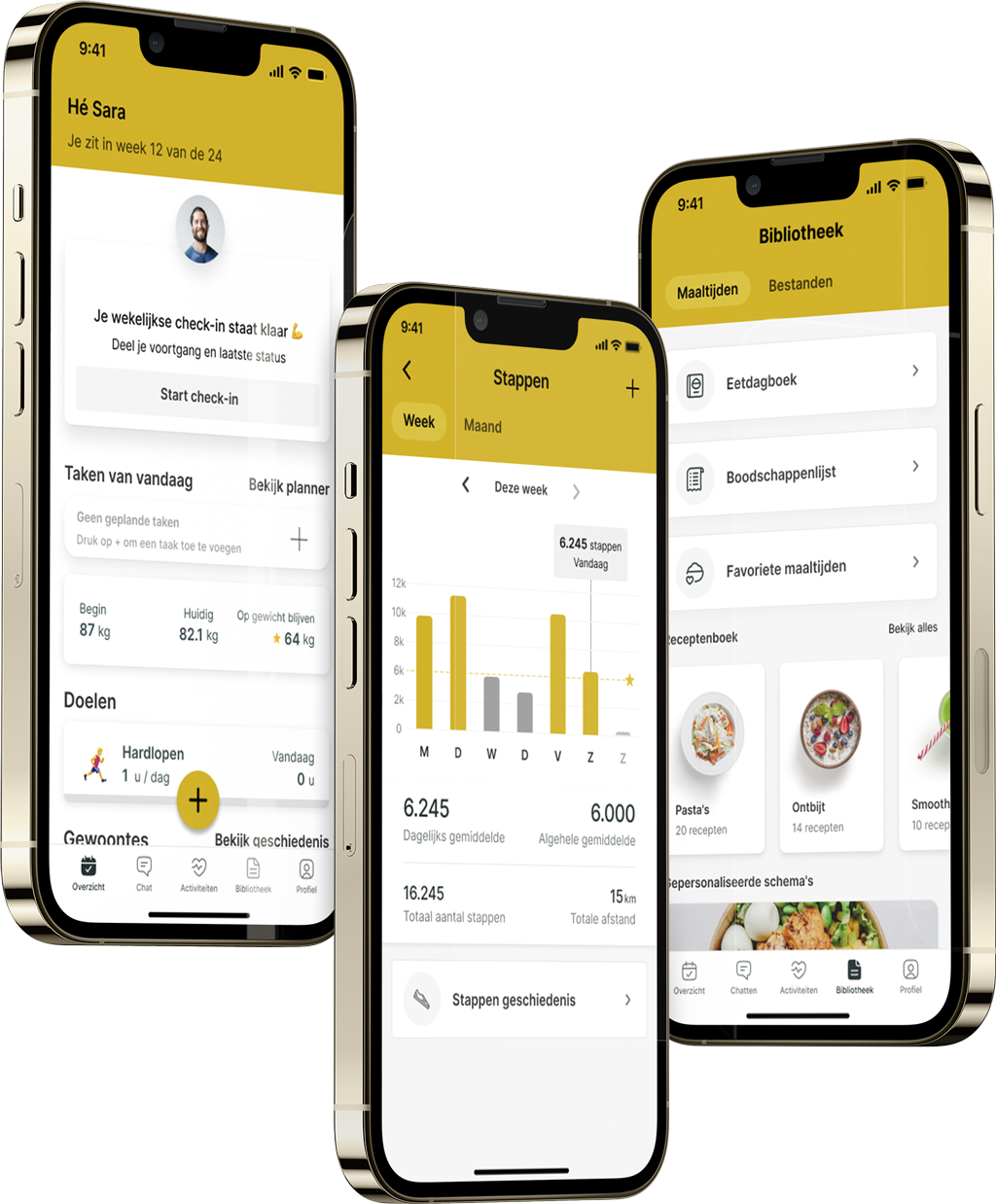 Een mockup van de coaching app die de functies laat zien.