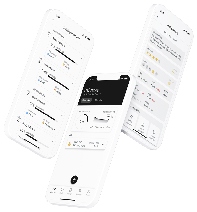 En mockup av coaching-appen som visar funktionerna.