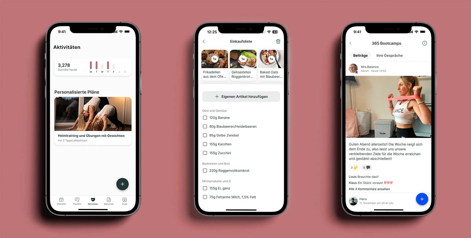 Ein Mockup der Coaching-App, das die verschiedenen Funktionen zeigt.