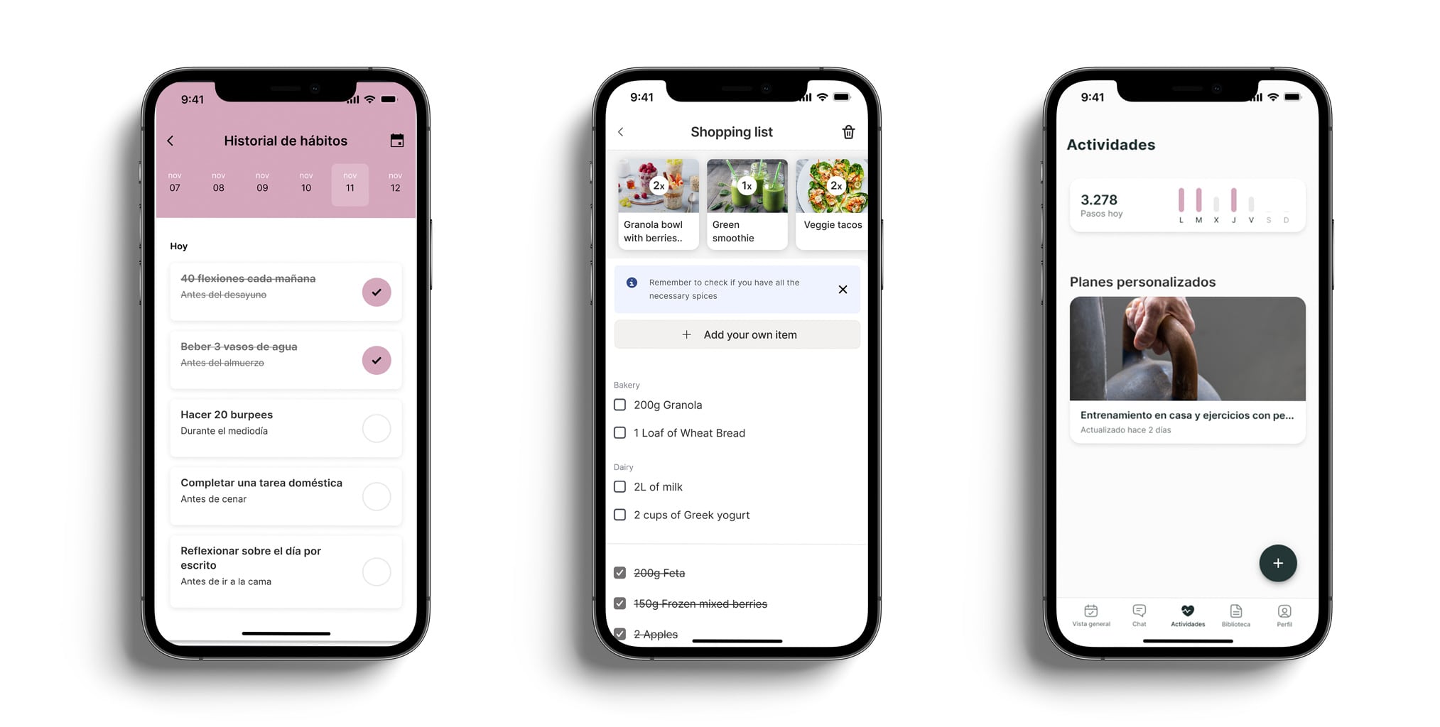 Un mockup de la app de coaching mostrando las funciones.