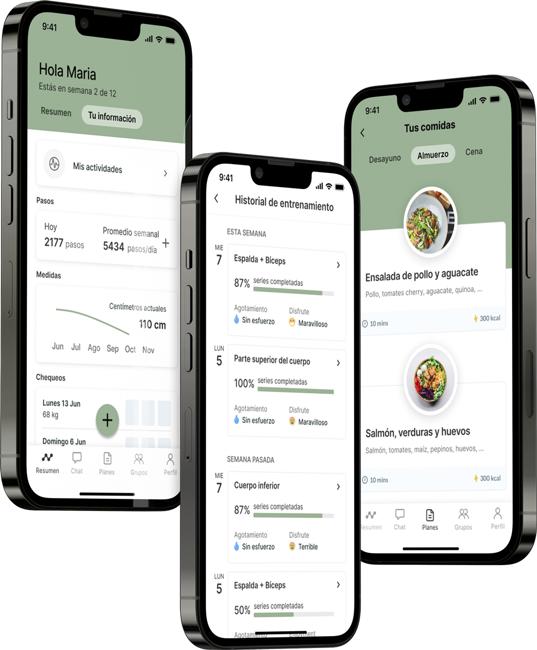 Un mockup de la app de coaching mostrando las funciones.