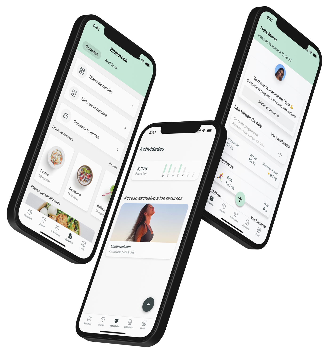 Un mockup de la app de coaching mostrando las funciones.