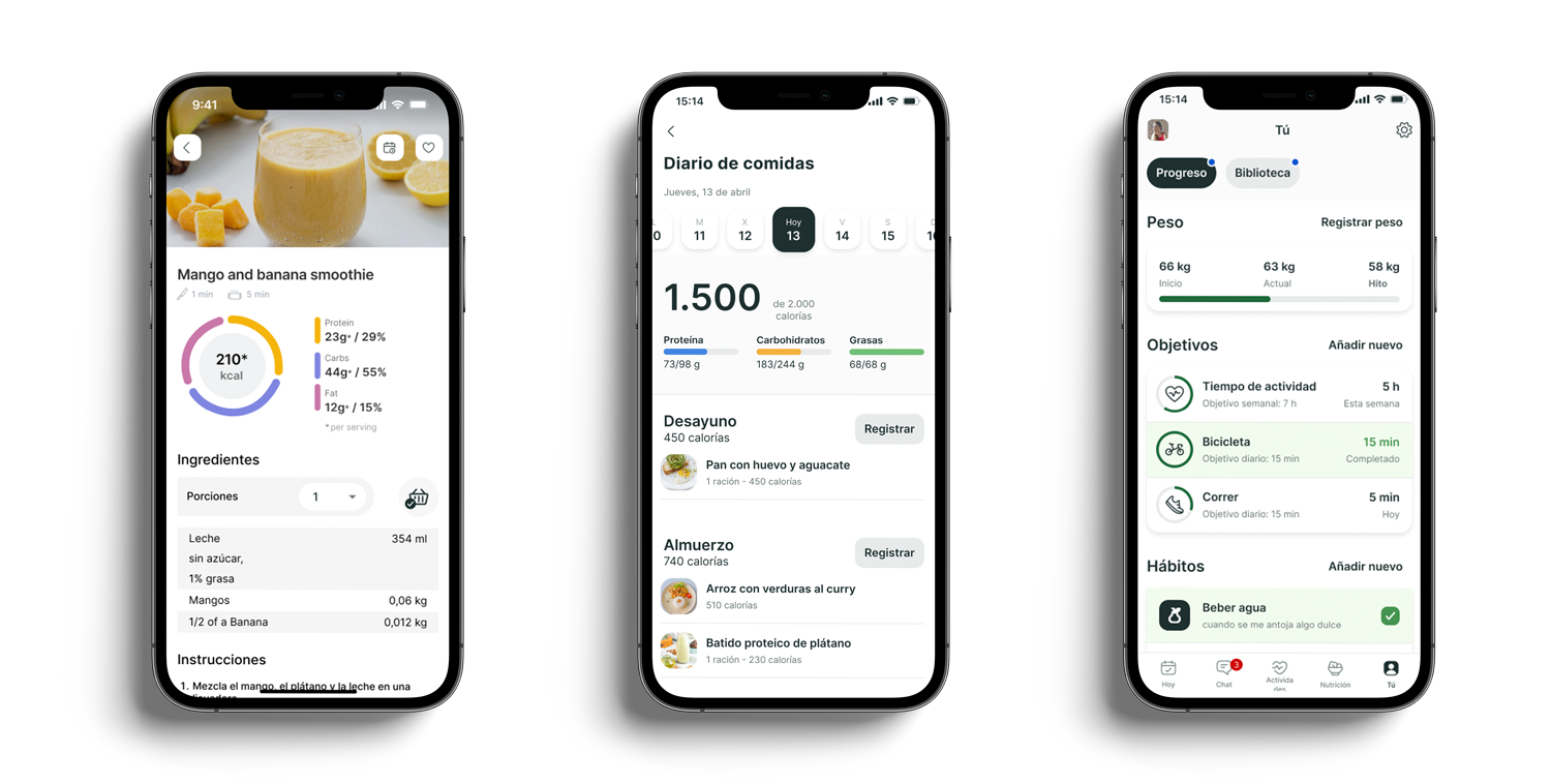 Un mockup de la app de coaching mostrando las funciones.
