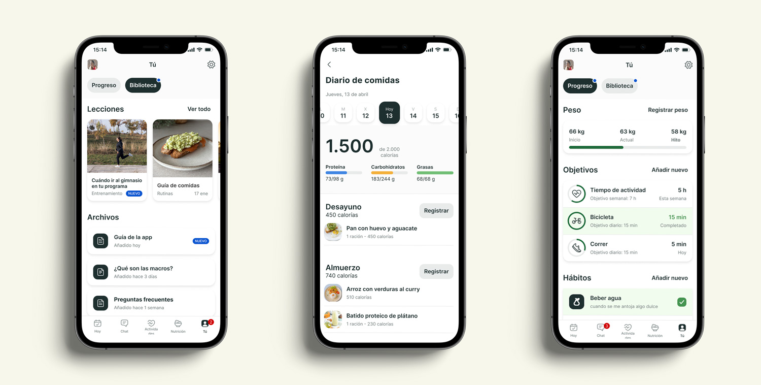 Un mockup de la app de coaching mostrando las funciones.