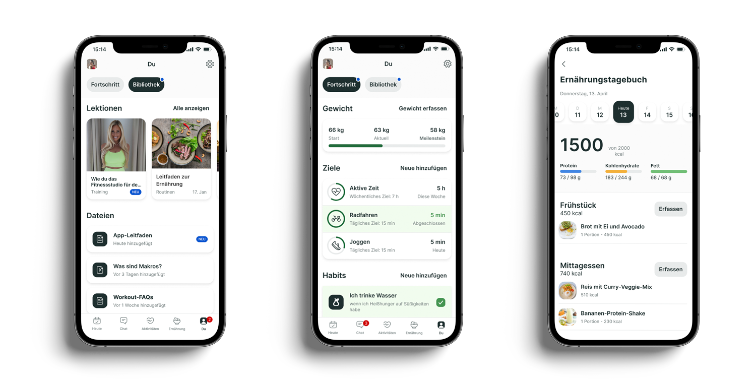 Ein Mockup der Coaching-App, das die verschiedenen Funktionen zeigt.