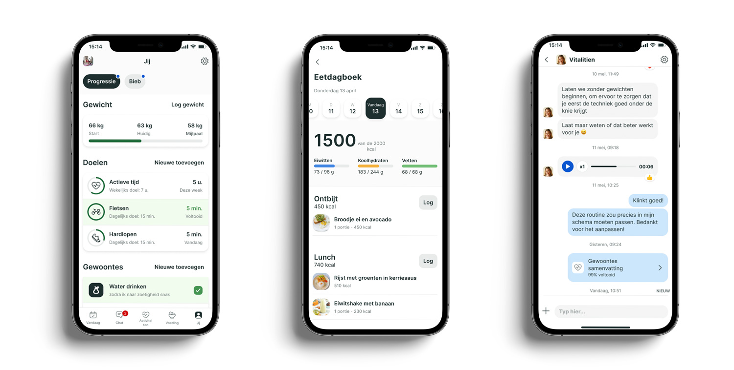 Een mockup van de coaching app die de verschillende functies laat zien.